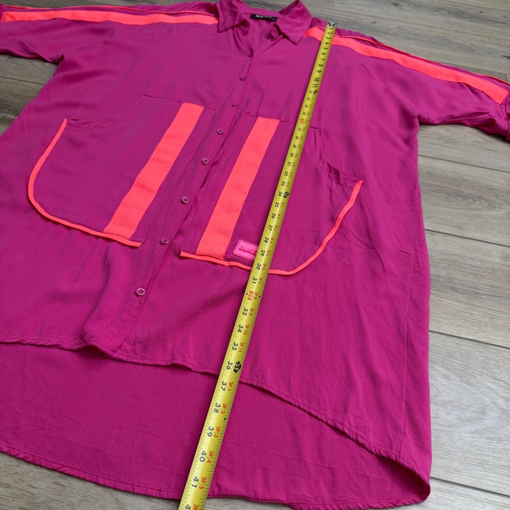 BUKEZY Pink Neon Trim Oversized Shirt Dress Tunic Button Down Streetwear - Picture 6 of 11